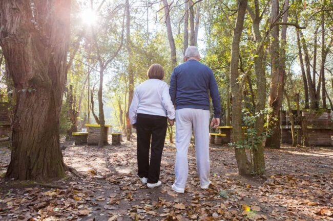 2 older people walk hand in hand to reduce fall risks in older people